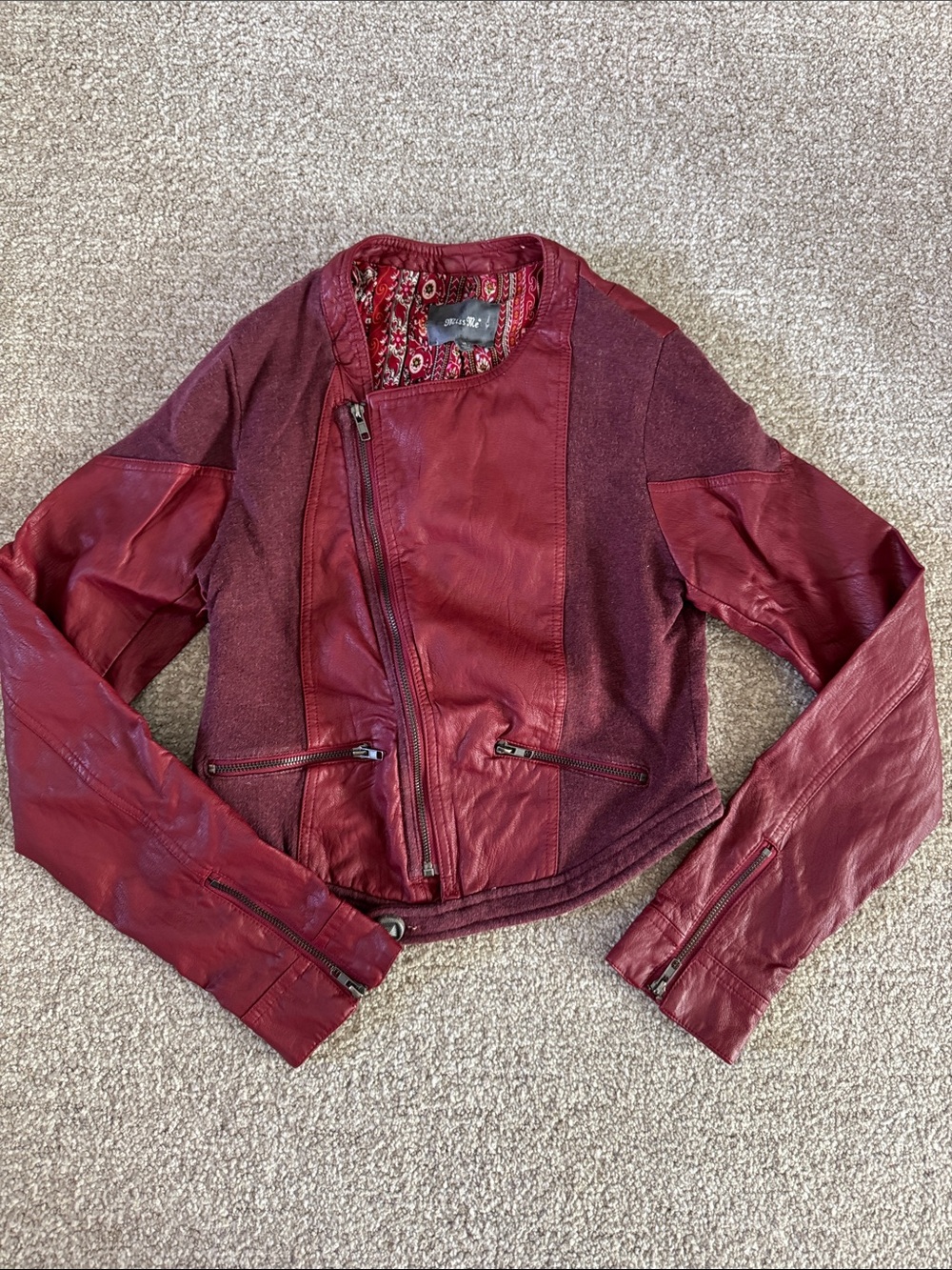 Miss Me Burgundy Mixed-Media Moto Jacket